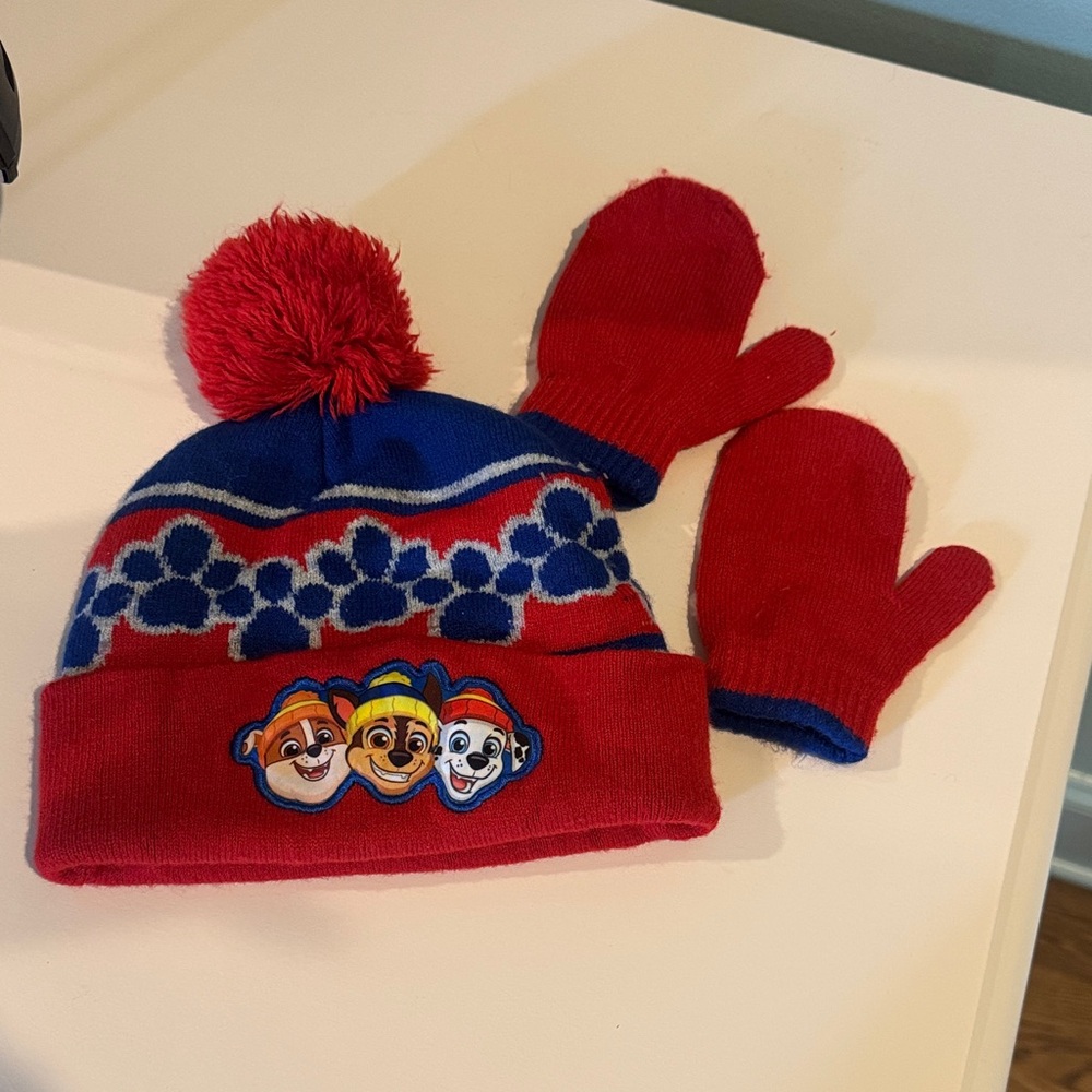 Kids Red and Blue Paw Patrol Beanie and Mittens Set